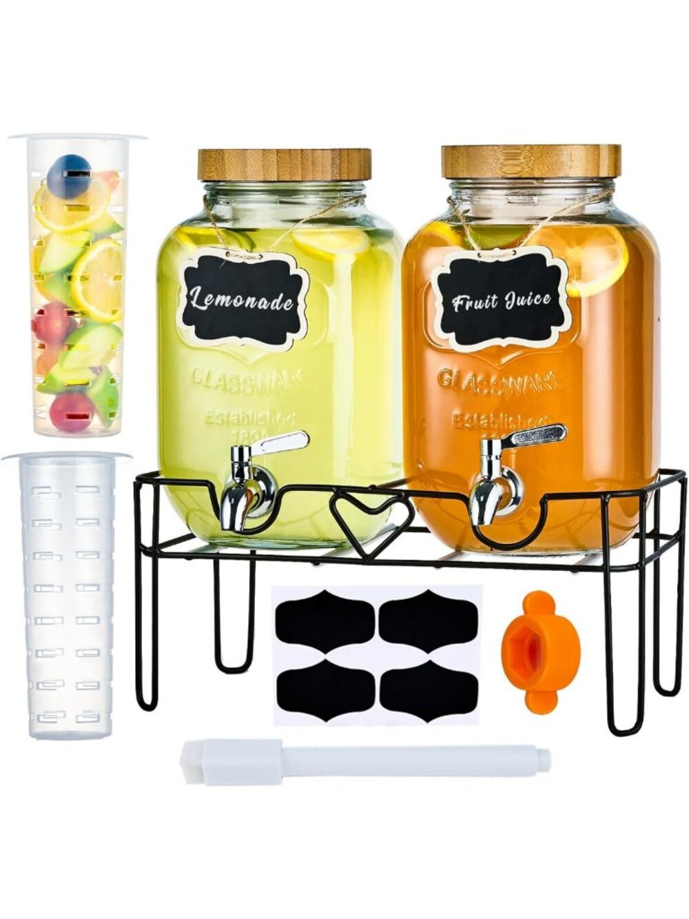 2-Pack 1 Gallon Glass Beverage Dispensers with Stand & Infuser for Parties